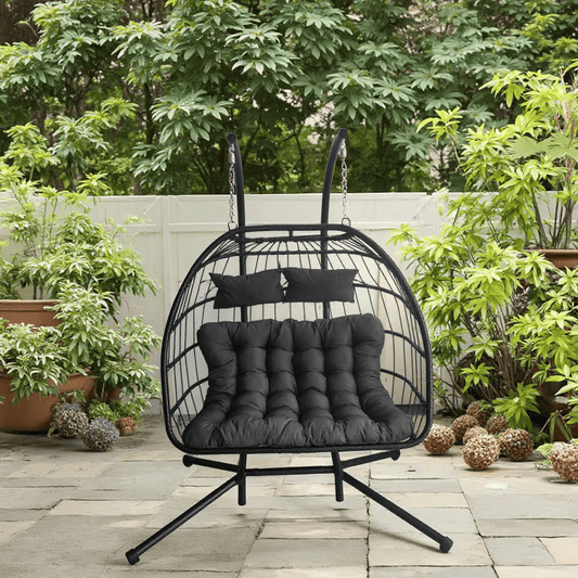 "2-Person Double Egg Swing Chair with Cushions"

"Weather Resistant Outdoor Hanging Egg Chair"

"Double Swing Egg Chair with 550 lbs Stand Support"

"Black and Gray 2-Seater Egg Chair for Patio"

"Indoor Outdoor Egg Swing Chair for Two Adults"
