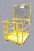 Yellow 2-person forklift safety cage with mesh floor

Forklift lifting steel work platform in industrial setting

OSHA-compliant safety cage with lockable gate

Close-up of forklift cage fork pockets and frame

Overhead maintenance platform for warehouse use