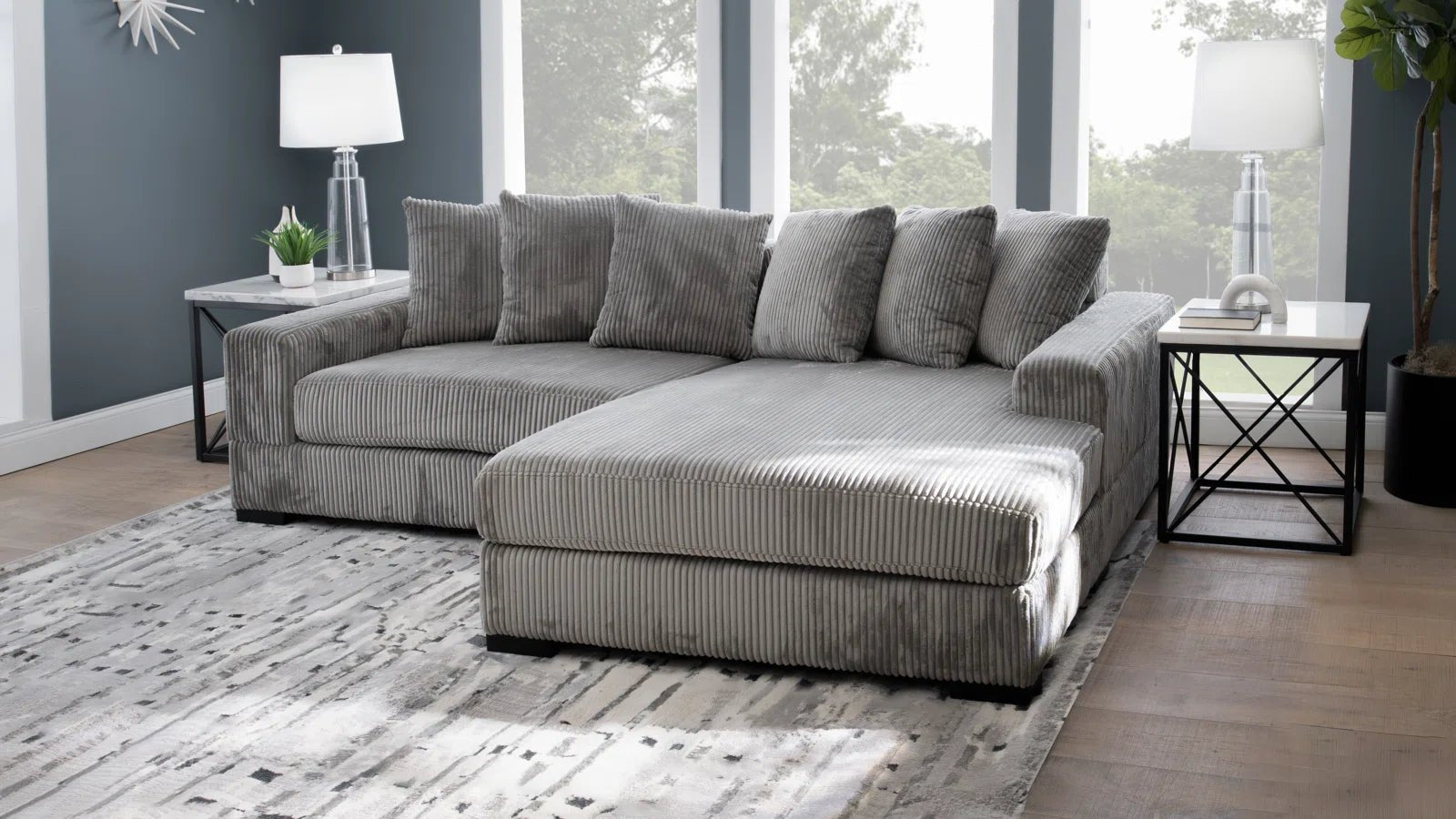 2-Piece Corduroy Sectional Sofa in Dark Gray – Front View

Compact Gray Sectional Sofa with Ribbed Upholstery

Minimalist Living Room Sofa Set – 2-Piece Corduroy

Small Space Sofa with Soft Corduroy Fabric

Modern Two-Piece Sectional in Light Gray Finish