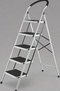 “5-step folding steel ladder with wide steps”

“2-step black & silver compact ladder for indoor use”

“Portable folding ladder stored flat”

“Steel frame close-up with anti-slip feet”