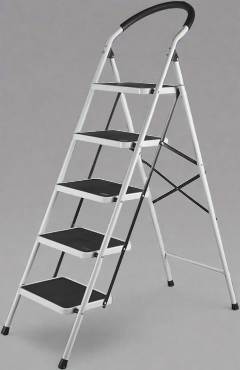 “5-step folding steel ladder with wide steps”

“2-step black & silver compact ladder for indoor use”

“Portable folding ladder stored flat”

“Steel frame close-up with anti-slip feet”