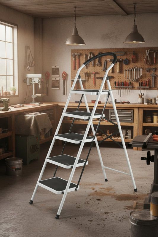 “5-step folding steel ladder with wide steps”

“2-step black & silver compact ladder for indoor use”

“Portable folding ladder stored flat”

“Steel frame close-up with anti-slip feet”