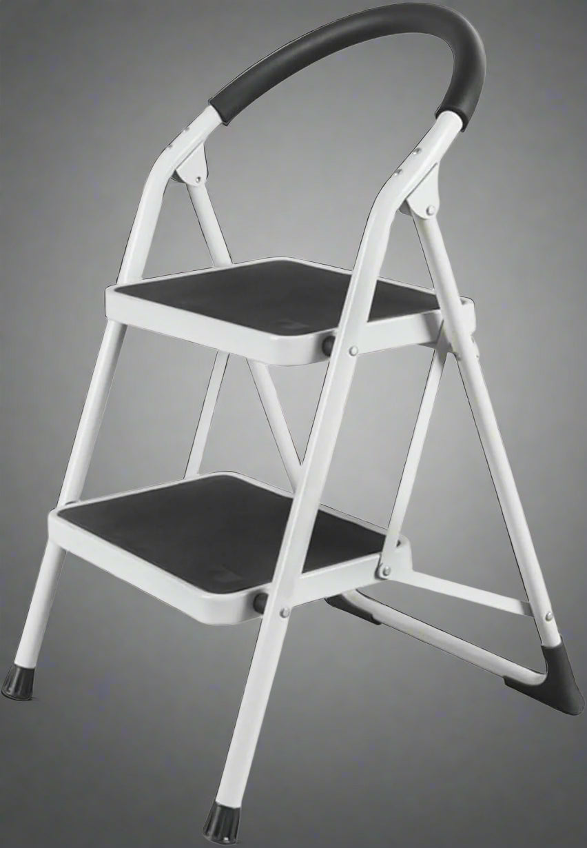 “5-step folding steel ladder with wide steps”

“2-step black & silver compact ladder for indoor use”

“Portable folding ladder stored flat”

“Steel frame close-up with anti-slip feet”