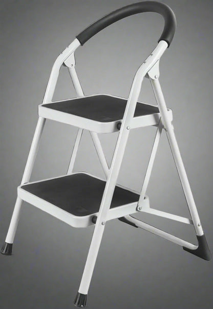 “5-step folding steel ladder with wide steps”

“2-step black & silver compact ladder for indoor use”

“Portable folding ladder stored flat”

“Steel frame close-up with anti-slip feet”