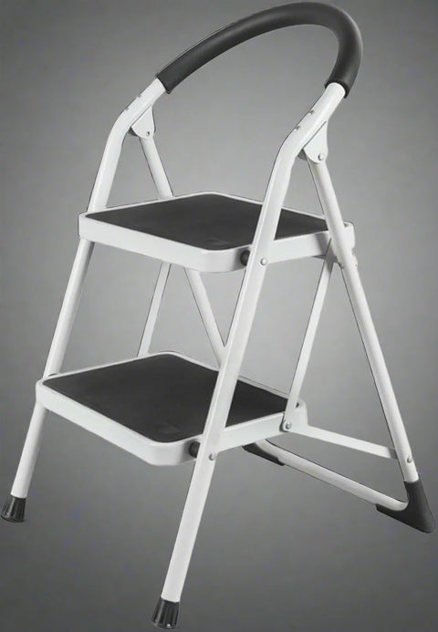 “5-step folding steel ladder with wide steps”

“2-step black & silver compact ladder for indoor use”

“Portable folding ladder stored flat”

“Steel frame close-up with anti-slip feet”