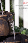 2-Tier Garden Barrel Water Fountain with Cascading Rustic Wooden Design for Outdoor Patio or Yard