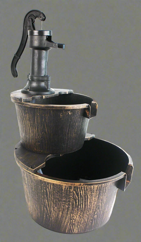 2-Tier Garden Barrel Water Fountain with Cascading Rustic Wooden Design for Outdoor Patio or Yard