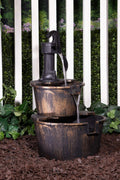 2-Tier Garden Barrel Water Fountain with Cascading Rustic Wooden Design for Outdoor Patio or Yard