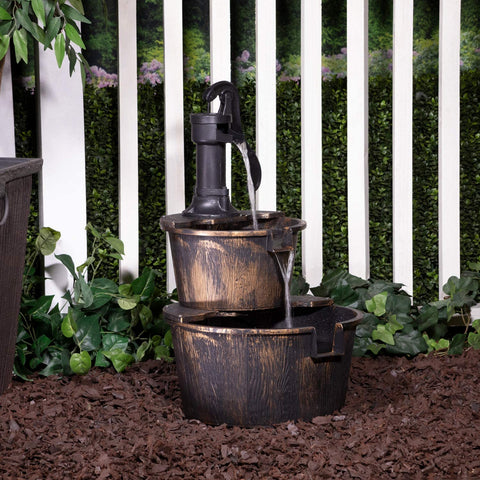 2-Tier Garden Barrel Water Fountain with Cascading Rustic Wooden Design for Outdoor Patio or Yard