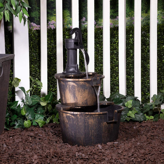 2-Tier Garden Barrel Water Fountain with Cascading Rustic Wooden Design for Outdoor Patio or Yard