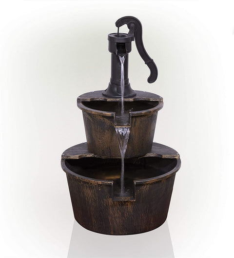 2-Tier Garden Barrel Water Fountain with Cascading Rustic Wooden Design for Outdoor Patio or Yard