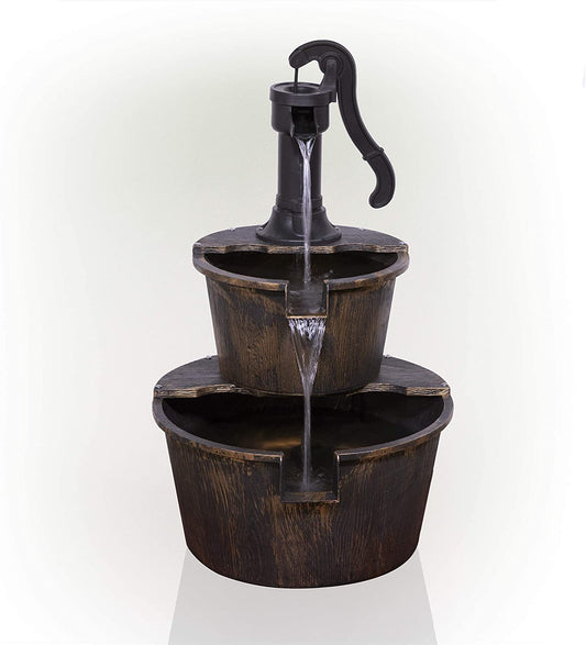 2-Tier Garden Barrel Water Fountain with Cascading Rustic Wooden Design for Outdoor Patio or Yard
