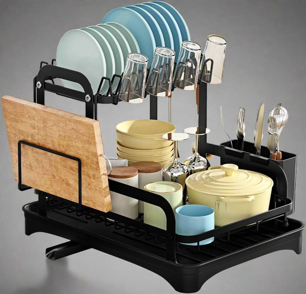 Black 2-tier dish rack with drainboard and accessories

Kitchen dish rack holding plates, cups, and utensils

Close-up of removable drain tray and cup holders

Cutlery holder and cutting board attachment included

Sleek and rustproof multipurpose kitchen organizer