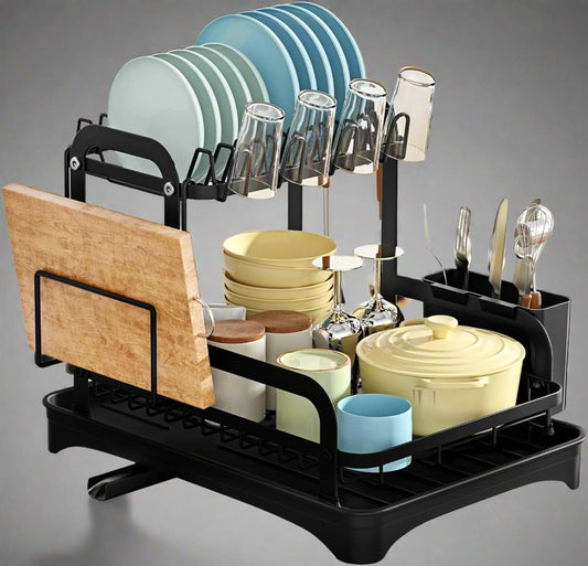 Black 2-tier dish rack with drainboard and accessories

Kitchen dish rack holding plates, cups, and utensils

Close-up of removable drain tray and cup holders

Cutlery holder and cutting board attachment included

Sleek and rustproof multipurpose kitchen organizer