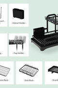Black 2-tier dish rack with drainboard and accessories

Kitchen dish rack holding plates, cups, and utensils

Close-up of removable drain tray and cup holders

Cutlery holder and cutting board attachment included

Sleek and rustproof multipurpose kitchen organizer