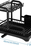 Black 2-tier dish rack with drainboard and accessories

Kitchen dish rack holding plates, cups, and utensils

Close-up of removable drain tray and cup holders

Cutlery holder and cutting board attachment included

Sleek and rustproof multipurpose kitchen organizer
