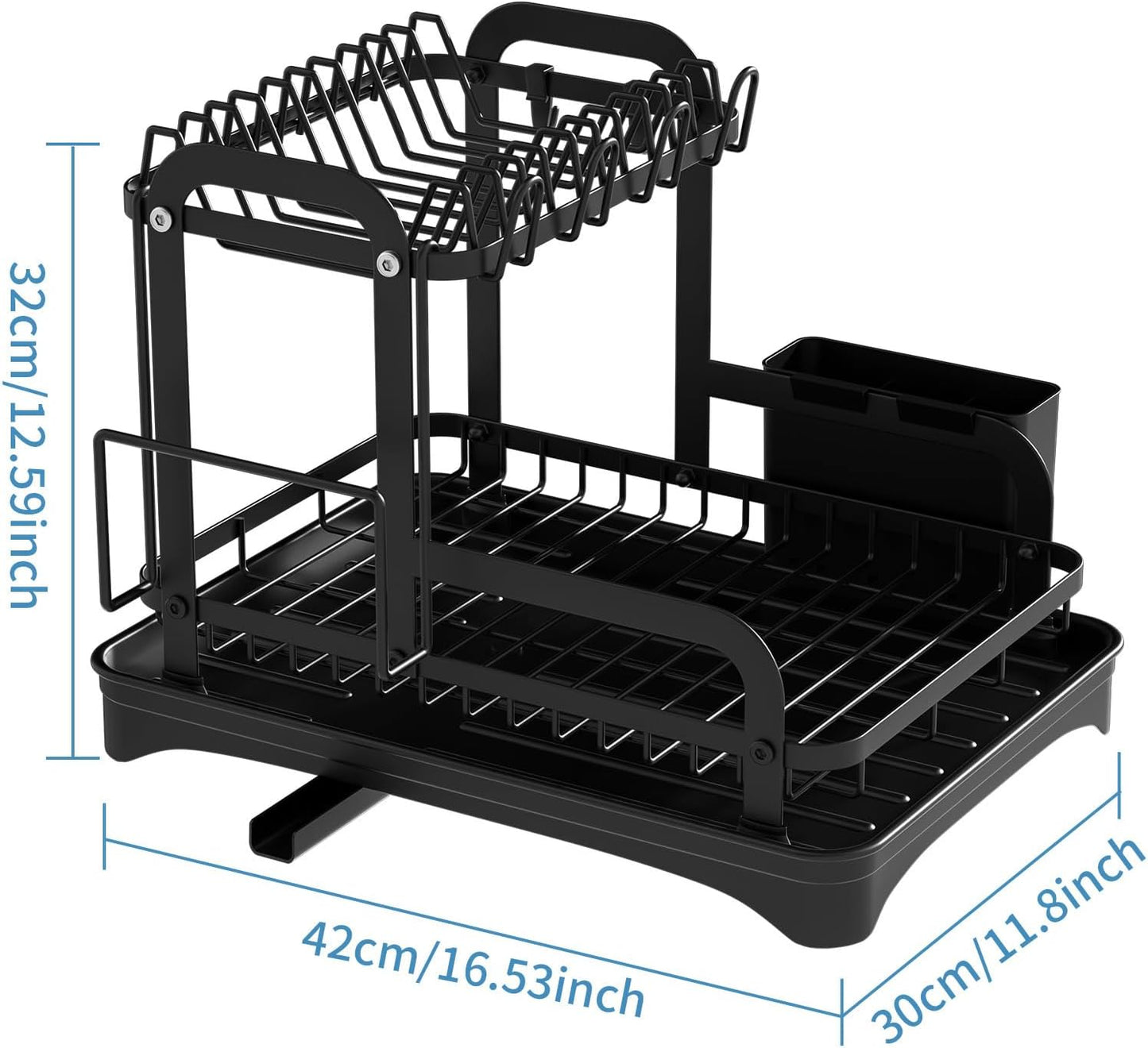 Black 2-tier dish rack with drainboard and accessories

Kitchen dish rack holding plates, cups, and utensils

Close-up of removable drain tray and cup holders

Cutlery holder and cutting board attachment included

Sleek and rustproof multipurpose kitchen organizer