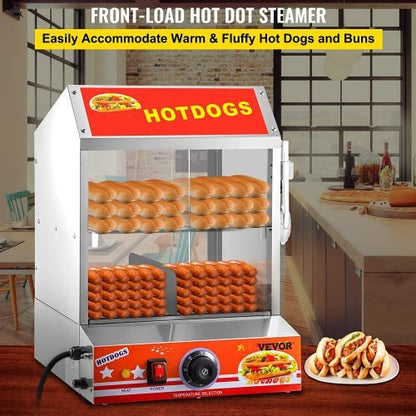 2-tier hot dog steamer with tempered glass doors and bun warmer
Commercial hot dog steamer showing 27L capacity
Food truck-ready stainless steel hot dog and bun warmer
Hot dog warmer for concession stand with clear slide doors
Interior view of dual-tier hot dog steamer filled with buns and sausages