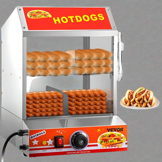 2-tier hot dog steamer with tempered glass doors and bun warmer
Commercial hot dog steamer showing 27L capacity
Food truck-ready stainless steel hot dog and bun warmer
Hot dog warmer for concession stand with clear slide doors
Interior view of dual-tier hot dog steamer filled with buns and sausages