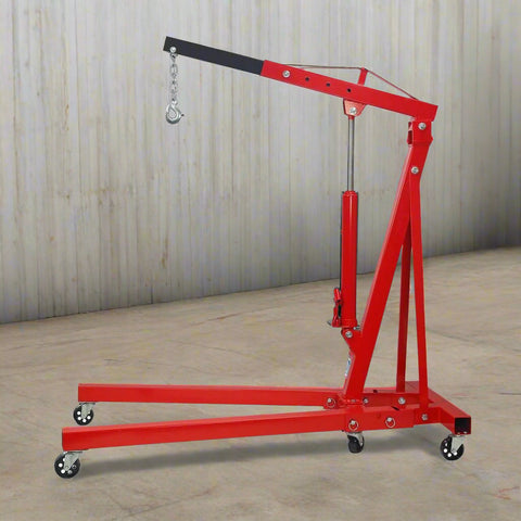 2 Ton Folding Hydraulic Engine Crane – Red Heavy-Duty Hoist with 360° Casters and 8-Ton Hydraulic Ram