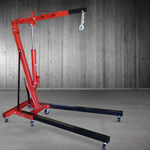 2 Ton Folding Hydraulic Engine Crane – Red Heavy-Duty Hoist with 360° Casters and 8-Ton Hydraulic Ram