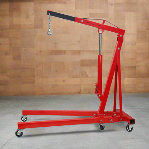 2 Ton Folding Hydraulic Engine Crane – Red Heavy-Duty Hoist with 360° Casters and 8-Ton Hydraulic Ram