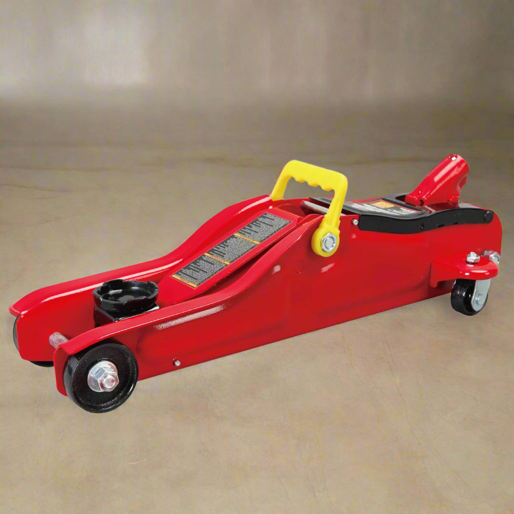 Big Red 2 Ton Hydraulic Floor Jack – Side View with Trolley Design
Low-Profile Hydraulic Jack – Compact Design for Cars and SUVs
Big Red Floor Jack in Action – Lifting Compact Vehicle