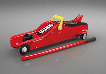 Big Red 2 Ton Hydraulic Floor Jack – Side View with Trolley Design
Low-Profile Hydraulic Jack – Compact Design for Cars and SUVs
Big Red Floor Jack in Action – Lifting Compact Vehicle