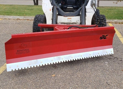 Skid steer clearing snow using Bendall hydraulic snow plow

Bendall 96” red snow plow angled to the side

Close-up of adjustable skid shoes and hydraulic fittings

Rear view of snow blade attached to skid steer

Bolt-on reversible cutting edge on Bendall plow