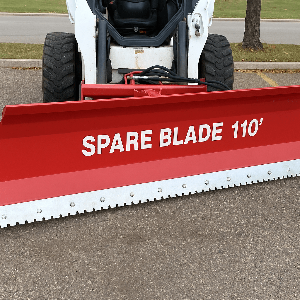 Skid steer clearing snow using Bendall hydraulic snow plow

Bendall 96” red snow plow angled to the side

Close-up of adjustable skid shoes and hydraulic fittings

Rear view of snow blade attached to skid steer

Bolt-on reversible cutting edge on Bendall plow