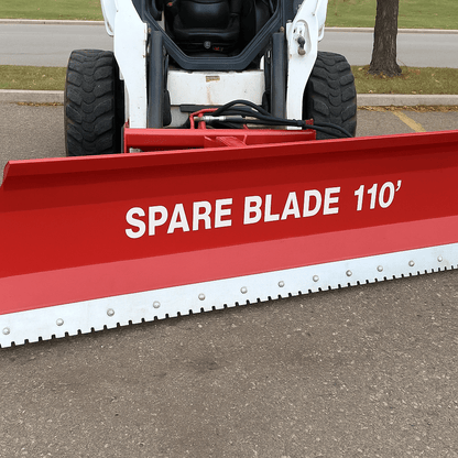 Skid steer clearing snow using Bendall hydraulic snow plow

Bendall 96” red snow plow angled to the side

Close-up of adjustable skid shoes and hydraulic fittings

Rear view of snow blade attached to skid steer

Bolt-on reversible cutting edge on Bendall plow