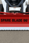 Skid steer clearing snow using Bendall hydraulic snow plow

Bendall 96” red snow plow angled to the side

Close-up of adjustable skid shoes and hydraulic fittings

Rear view of snow blade attached to skid steer

Bolt-on reversible cutting edge on Bendall plow