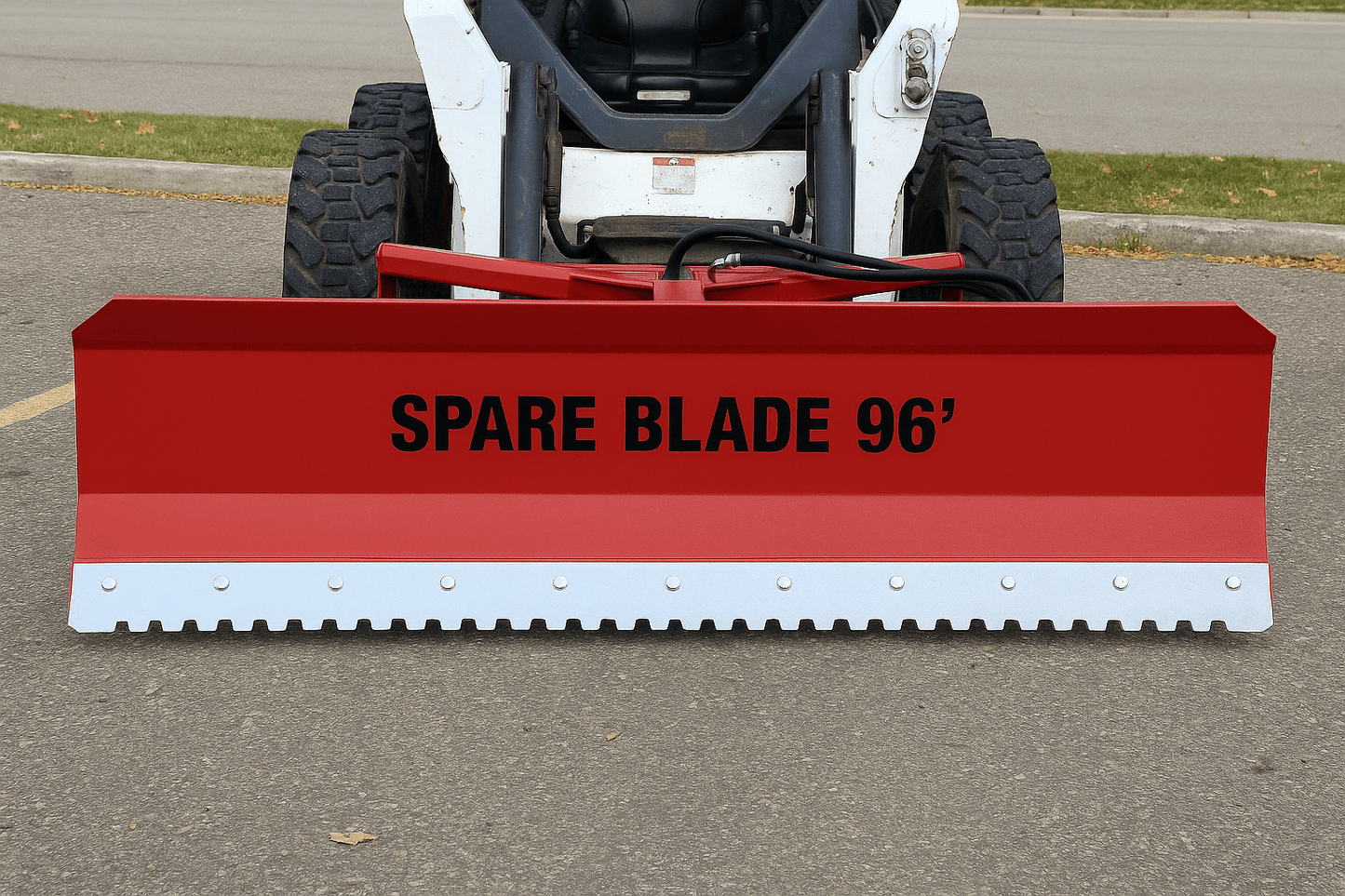 Skid steer clearing snow using Bendall hydraulic snow plow

Bendall 96” red snow plow angled to the side

Close-up of adjustable skid shoes and hydraulic fittings

Rear view of snow blade attached to skid steer

Bolt-on reversible cutting edge on Bendall plow