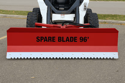 Skid steer clearing snow using Bendall hydraulic snow plow

Bendall 96” red snow plow angled to the side

Close-up of adjustable skid shoes and hydraulic fittings

Rear view of snow blade attached to skid steer

Bolt-on reversible cutting edge on Bendall plow