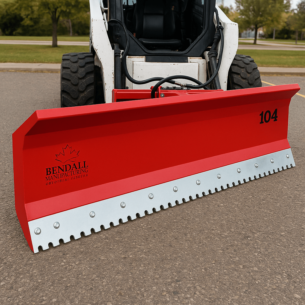 Skid steer clearing snow using Bendall hydraulic snow plow

Bendall 96” red snow plow angled to the side

Close-up of adjustable skid shoes and hydraulic fittings

Rear view of snow blade attached to skid steer

Bolt-on reversible cutting edge on Bendall plow