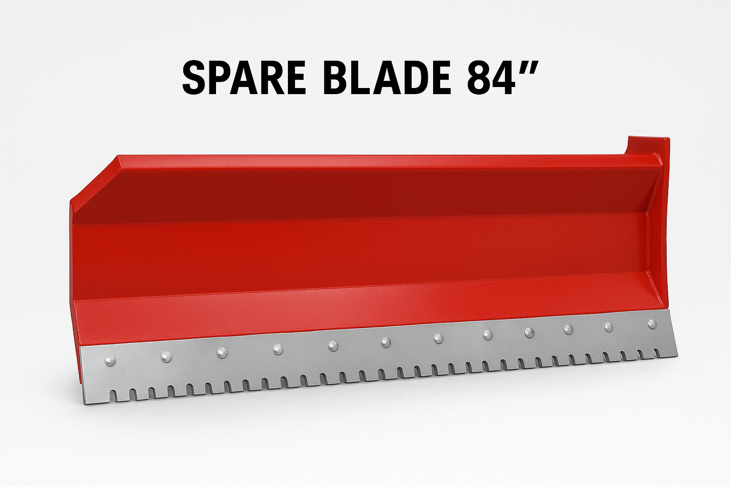 Skid steer clearing snow using Bendall hydraulic snow plow

Bendall 96” red snow plow angled to the side

Close-up of adjustable skid shoes and hydraulic fittings

Rear view of snow blade attached to skid steer

Bolt-on reversible cutting edge on Bendall plow