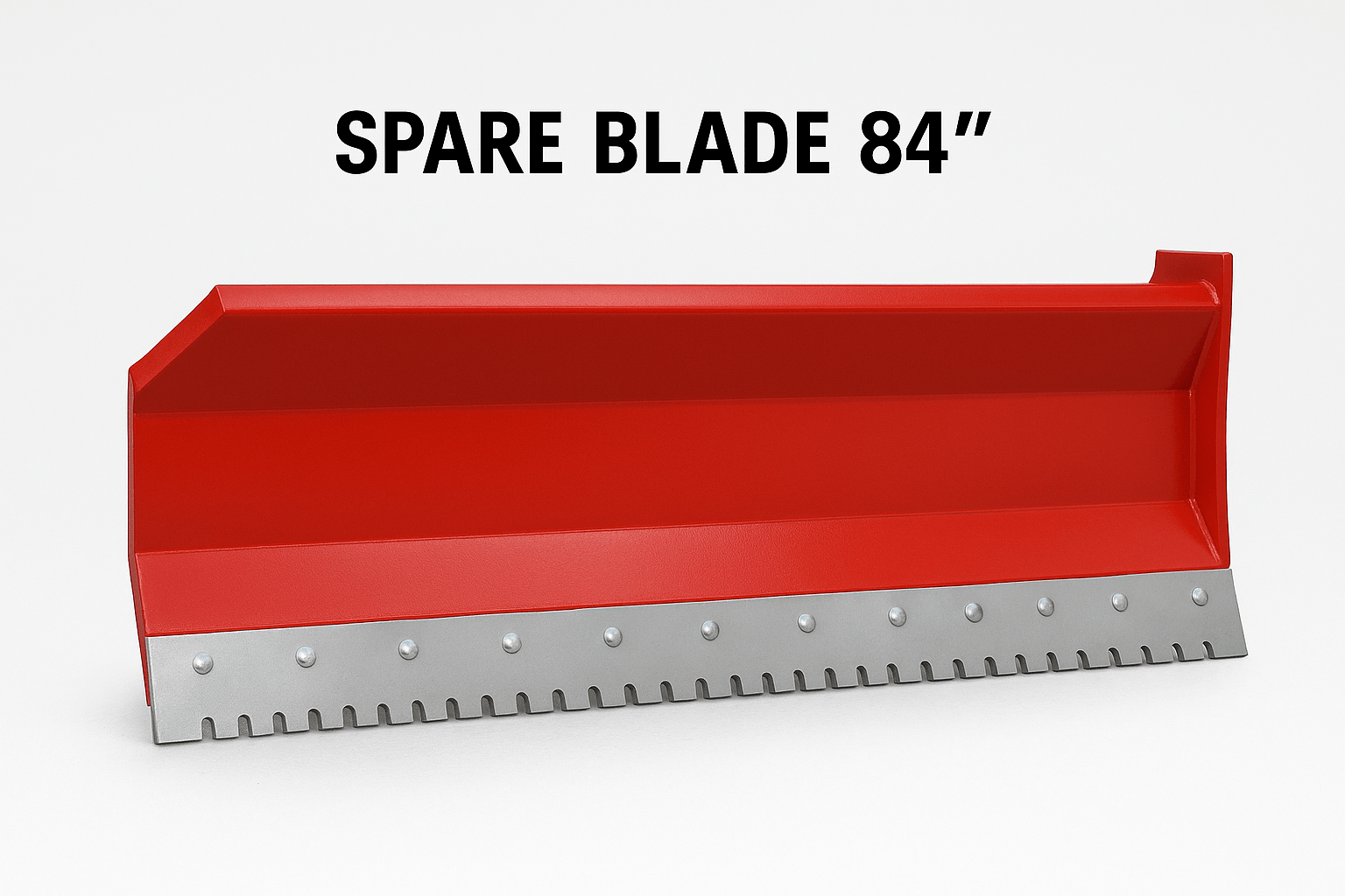 Skid steer clearing snow using Bendall hydraulic snow plow

Bendall 96” red snow plow angled to the side

Close-up of adjustable skid shoes and hydraulic fittings

Rear view of snow blade attached to skid steer

Bolt-on reversible cutting edge on Bendall plow