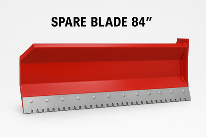 Skid steer clearing snow using Bendall hydraulic snow plow

Bendall 96” red snow plow angled to the side

Close-up of adjustable skid shoes and hydraulic fittings

Rear view of snow blade attached to skid steer

Bolt-on reversible cutting edge on Bendall plow