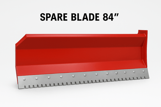 Skid steer clearing snow using Bendall hydraulic snow plow

Bendall 96” red snow plow angled to the side

Close-up of adjustable skid shoes and hydraulic fittings

Rear view of snow blade attached to skid steer

Bolt-on reversible cutting edge on Bendall plow