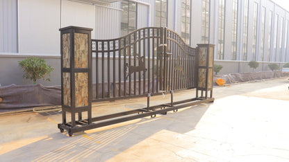 20 ft metal driveway gate with deer design

heavy-duty black steel farm gate kit

ranch entry deer gate for fencing

weather-resistant steel driveway gate

powder-coated metal farm gate for acreage