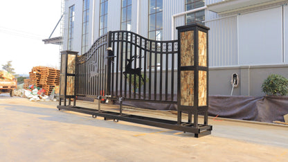 20 ft metal driveway gate with deer design

heavy-duty black steel farm gate kit

ranch entry deer gate for fencing

weather-resistant steel driveway gate

powder-coated metal farm gate for acreage