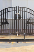 20 ft metal driveway gate with deer design

heavy-duty black steel farm gate kit

ranch entry deer gate for fencing

weather-resistant steel driveway gate

powder-coated metal farm gate for acreage