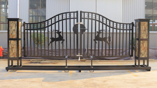 20 ft metal driveway gate with deer design

heavy-duty black steel farm gate kit

ranch entry deer gate for fencing

weather-resistant steel driveway gate

powder-coated metal farm gate for acreage