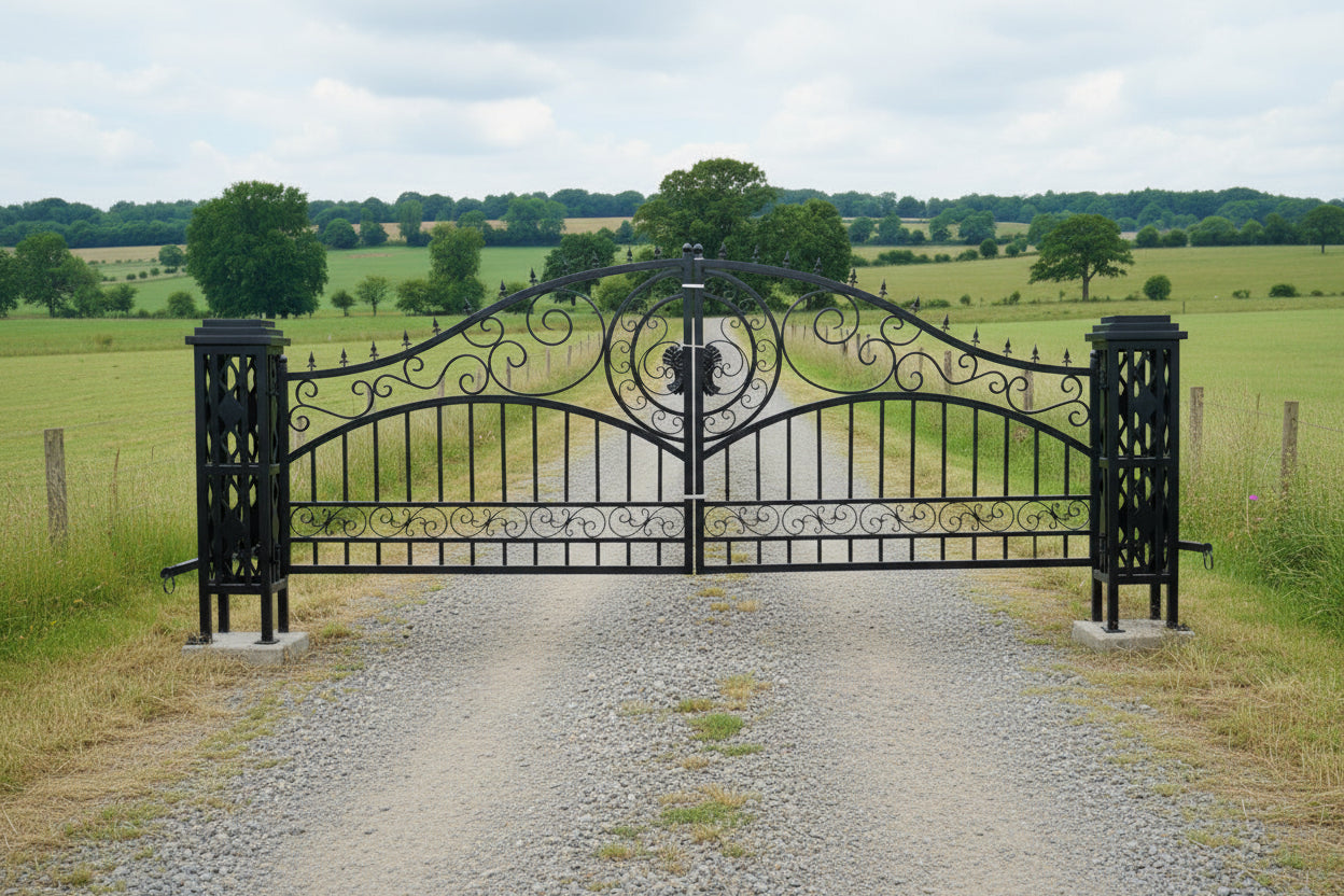 20ft dual swing black metal farm gate for driveway entry

weather-resistant steel driveway gate installed on a farm

heavy-duty driveway gate with powder-coated finish

Metal entrance gate kit with mounting hardware included

black steel gate for rural property or acreage driveway