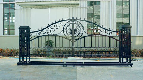 20ft dual swing black metal farm gate for driveway entry

weather-resistant steel driveway gate installed on a farm

heavy-duty driveway gate with powder-coated finish

Metal entrance gate kit with mounting hardware included

black steel gate for rural property or acreage driveway