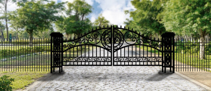 20ft dual swing black metal farm gate for driveway entry

weather-resistant steel driveway gate installed on a farm

heavy-duty driveway gate with powder-coated finish

Metal entrance gate kit with mounting hardware included

black steel gate for rural property or acreage driveway