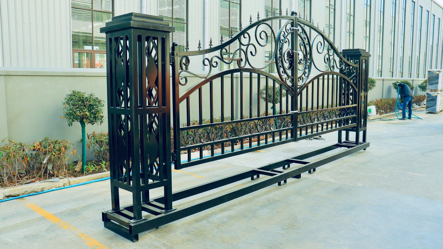 20ft dual swing black metal farm gate for driveway entry

weather-resistant steel driveway gate installed on a farm

heavy-duty driveway gate with powder-coated finish

Metal entrance gate kit with mounting hardware included

black steel gate for rural property or acreage driveway