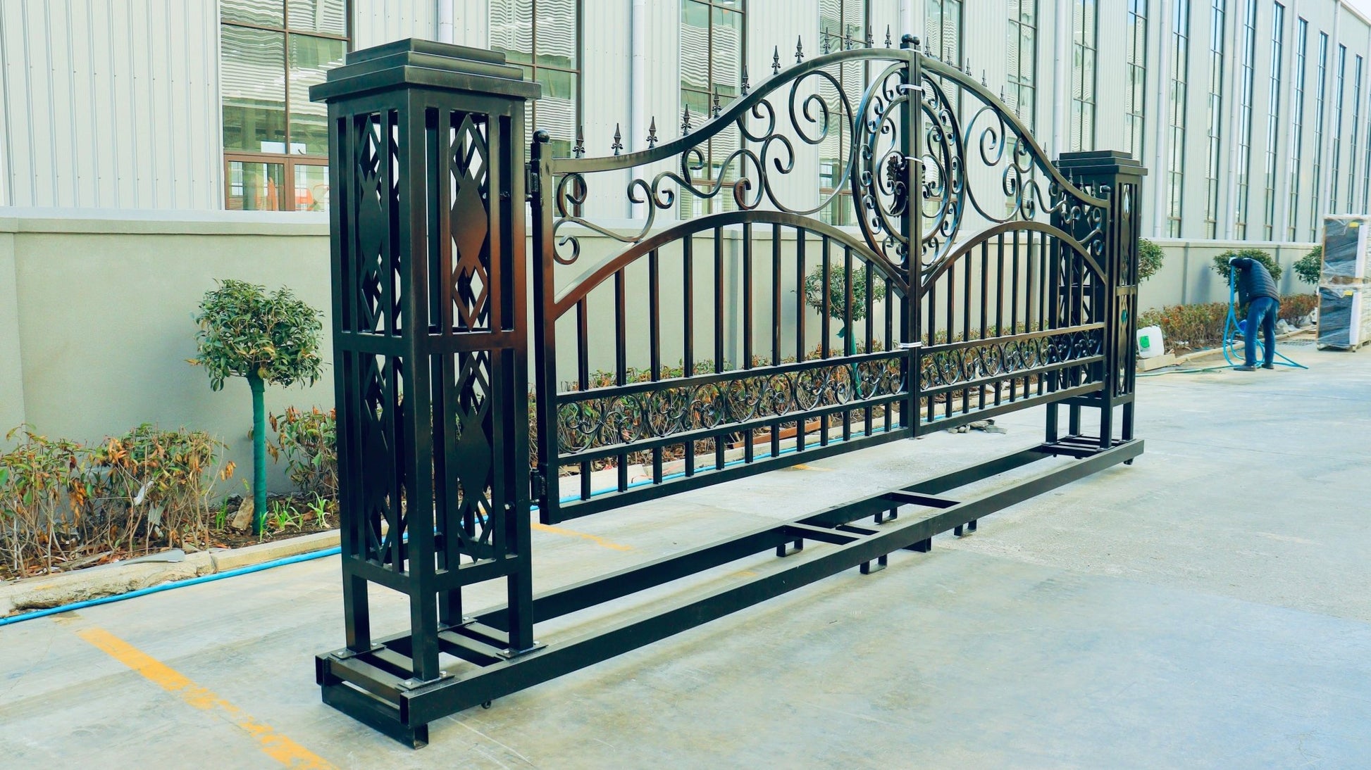 20ft dual swing black metal farm gate for driveway entry

weather-resistant steel driveway gate installed on a farm

heavy-duty driveway gate with powder-coated finish

Metal entrance gate kit with mounting hardware included

black steel gate for rural property or acreage driveway