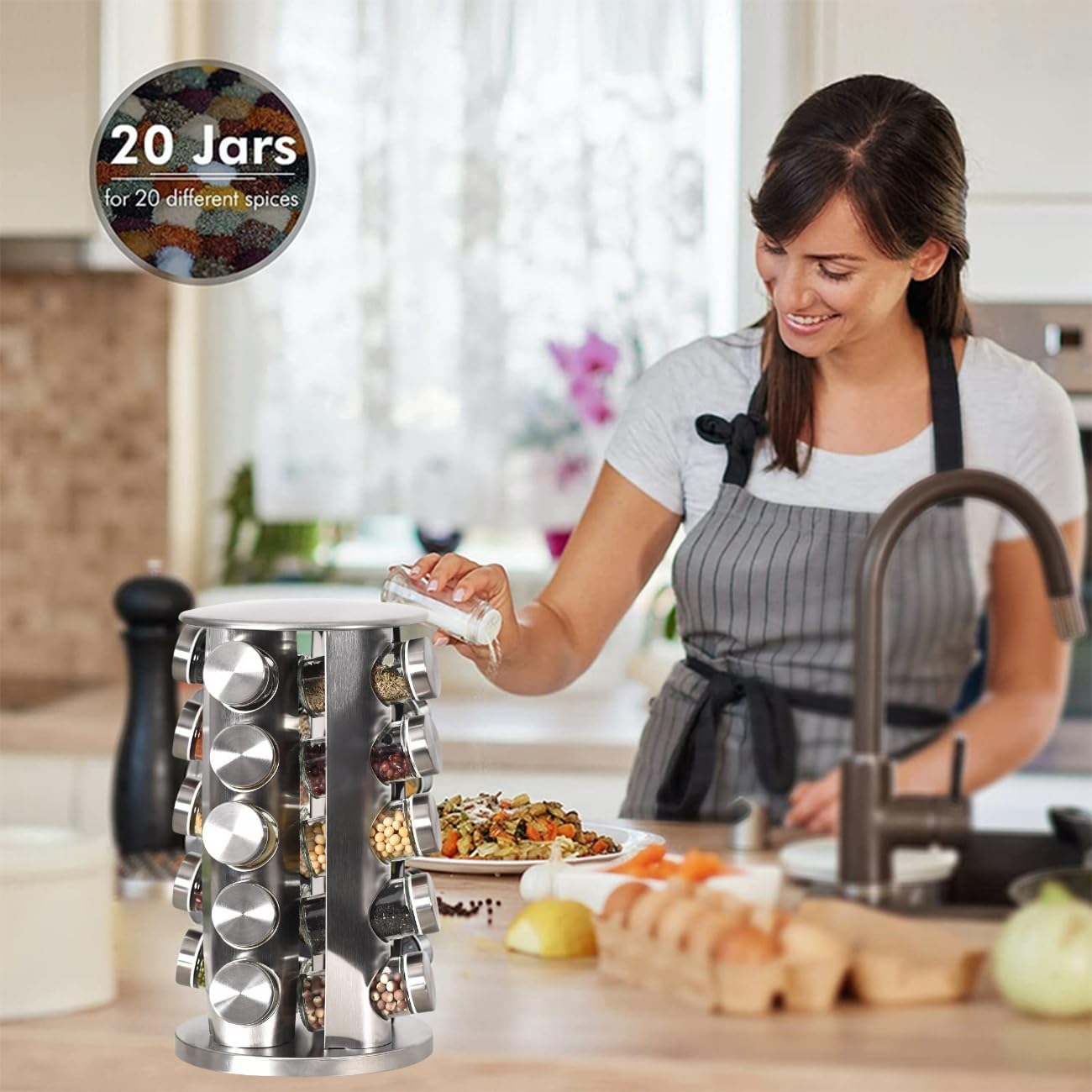 "20 Jar Rotating Stainless Steel Spice Rack with Pre-Filled Jars – Front View"

"Organize Spices Easily with 20 Jar Stainless Steel Carousel Rack"

"Compact Rotating Spice Rack Organizer with Labeled Glass Jars"

"Modern Stainless Steel Kitchen Spice Storage – 20 Jar Set"

