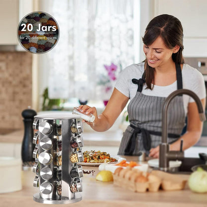 "20 Jar Rotating Stainless Steel Spice Rack with Pre-Filled Jars – Front View"

"Organize Spices Easily with 20 Jar Stainless Steel Carousel Rack"

"Compact Rotating Spice Rack Organizer with Labeled Glass Jars"

"Modern Stainless Steel Kitchen Spice Storage – 20 Jar Set"

